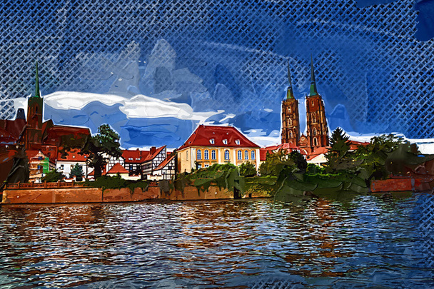 Wrocław, Polska - Panorama historyczno-historycznej części Starego Miasta Ostrow Tumski - Zdjęcie, obraz