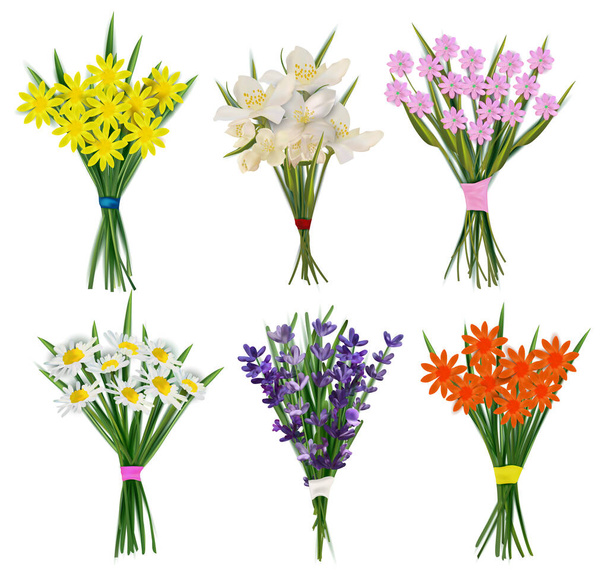 Summer Fresh Flowers bouquets. Collection of flowers with bows for woman. Lavender, chamomile, jasmine, Spring flower. Vector illustration - Vector, Image