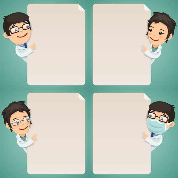 Médicos personajes de dibujos animados mirando en blanco cartel conjunto
 - Vector, Imagen