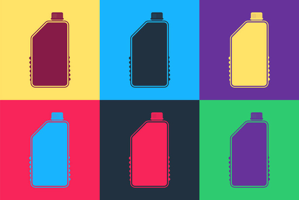 Pop art Οικιακά χημικά μπουκάλι εικονίδιο απομονώνονται σε φόντο χρώμα. Υγρό απορρυπαντικό ή σαπούνι, καθαριστικό λεκέδων, χλωρίνη πλυντηρίου, καθαριστικό μπάνιου ή τουαλέτας. Διάνυσμα. - Διάνυσμα, εικόνα