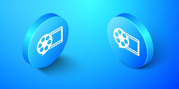 Isométrico Carrete de película y reproducir vídeo película icono aislado sobre fondo azul. Botón círculo azul. Vector. - Vector, Imagen