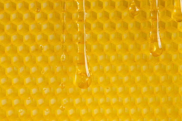 Macro photo drops of honey flowing down on yellow wax, texture background, top view - Photo, Image