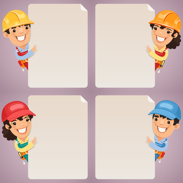 Constructores personajes de dibujos animados mirando en blanco cartel conjunto
 - Vector, imagen