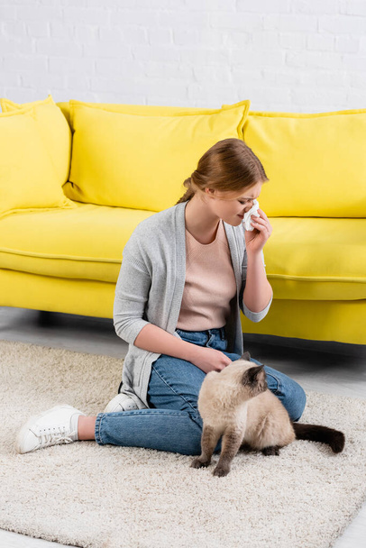 Woman suffering from allergy snuffle near siamese cat in living room  - Foto, Bild