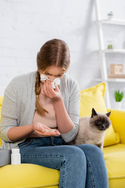 Woman with snuffle looking at pills during allergy near furry siamese cat  - Photo, Image