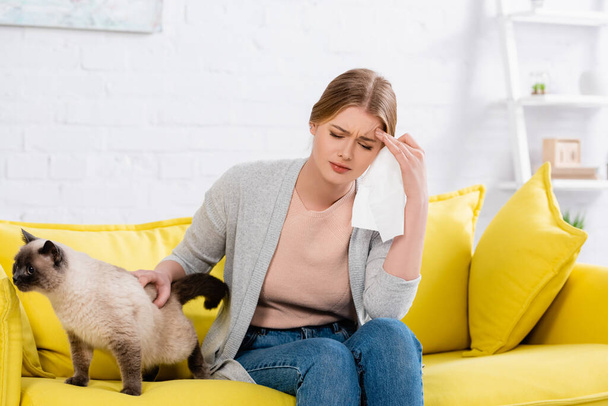 Verontrustende vrouw met allergie holding servet in de buurt van siamese kat  - Foto, afbeelding