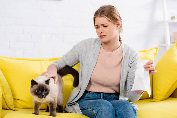Mujer triste con servilleta acariciando gato siamés durante la alergia  - Foto, Imagen