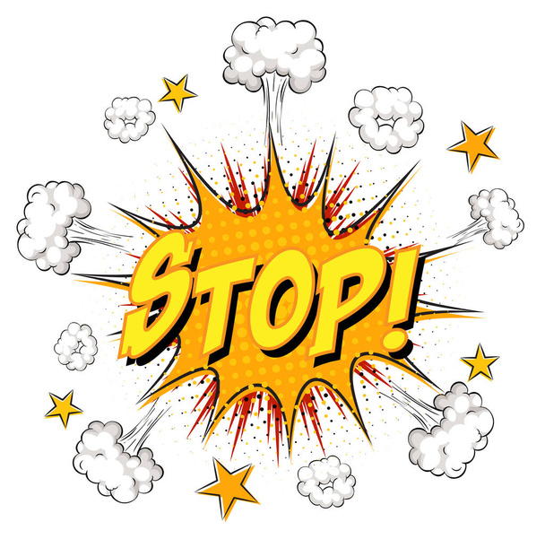 STOP-Text auf Comic-Wolkenexplosion isoliert auf weißem Hintergrund Illustration - Vektor, Bild
