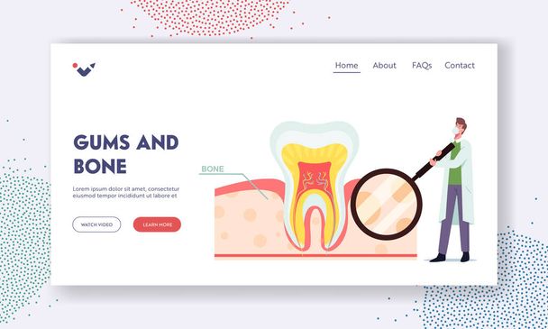 Zahnfleisch und Knochen Landing Page Template. Winzige Zahnarzt-Figur mit riesiger Zahnlupe - Vektor, Bild