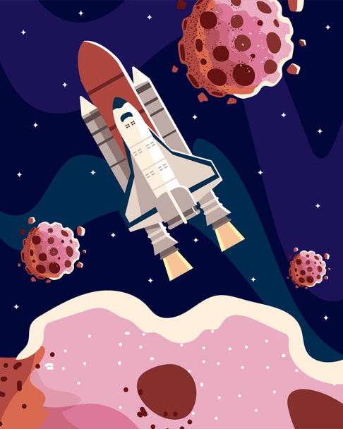 space spaceship spaceship with asteroids starry scene - Vector, Image