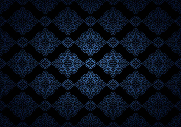 Восточный винтажный фон с индо-персидскими орнаментами. Королевский, роскошные, горизонтальные текстурные обои в черном и темно-синем ультрамарине с затемнением по краям, виньетка. Векторная иллюстрация - Вектор,изображение