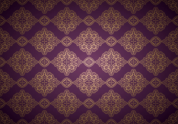 Orientalischer Vintage-Hintergrund mit indo-persischen Ornamenten. Königliche, luxuriöse, horizontal strukturierte Tapete in violetten und goldenen Farben, mit Verdunkelung an den Rändern, Vignette. Vektorillustration - Vektor, Bild