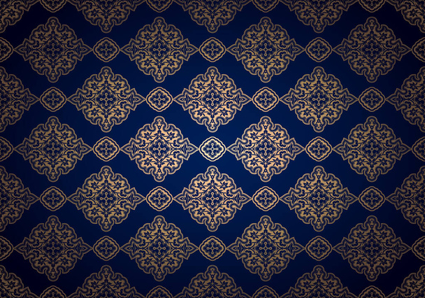Oriental vintage background with Indo-Persian ornaments. Royal, luxurious, horizontal textured wallpaper in blue ultramarine and gold, with darkening at the edges, vignette. Vector illustration - Vector, Image