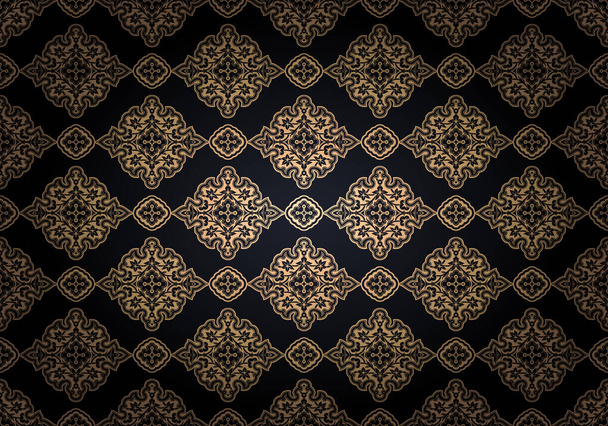 Восточный винтажный фон с индо-персидскими орнаментами. Рояльные, светлые, тонкие текстурированные обои в черном и золотом цветах, с затемнением по краям. Векторная иллюстрация - Вектор,изображение