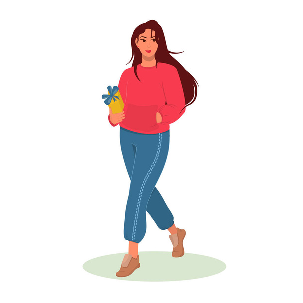 Een jonge brunette loopt met een gele geschenkdoos in haar handen. het concept van het kopen van geschenken voor de vakantie - Vector, afbeelding
