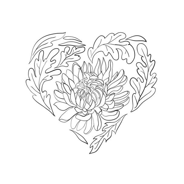 Composición en blanco y negro de flores en forma de corazón, flores y hojas de crisantemo, aisladas sobre un fondo blanco. Plantilla para San Valentín, tarjeta de felicitación, invitación, cualquier otro diseño. - Vector, imagen