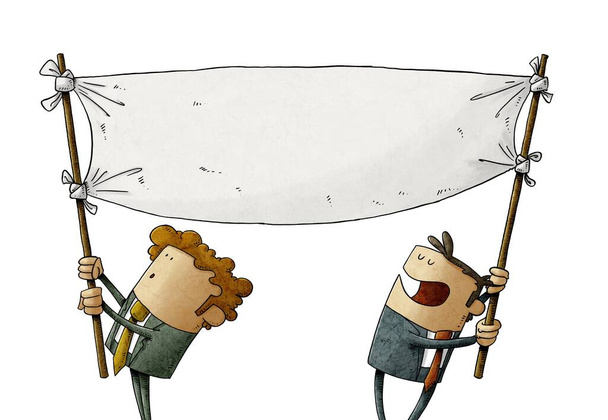 illustrazione di due uomini che tengono uno striscione bianco mentre lo spostano. concetto di reclamo. isolato - Foto, immagini