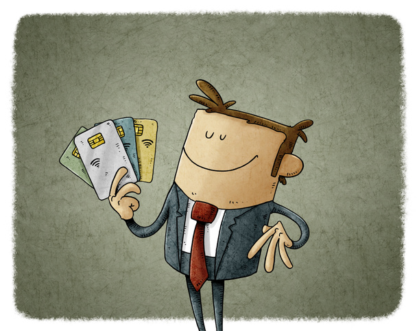 illustration d'homme d'affaires heureux tient quelques cartes de crédit puce dans sa main - Photo, image