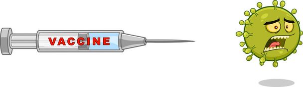 Scared Coronavirus (COVID-19) Cartoon Character Escape From The Vaccine (en inglés). Ilustración de trama aislada sobre fondo transparente - Foto, imagen