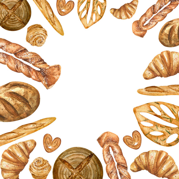 moldura aquarela de diferentes tipos de pão e pastelaria - Foto, Imagem