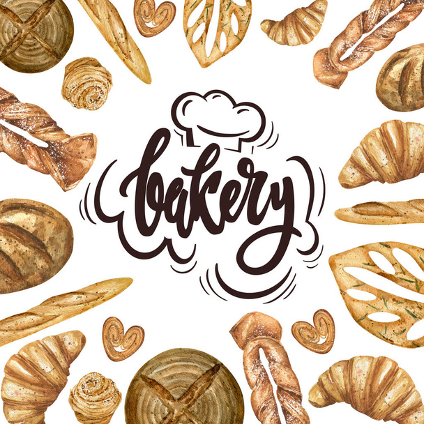 Aquarellrahmen von verschiedenen Brot- und Gebäcksorten mit handgezeichneter Wortbäckerei - Foto, Bild