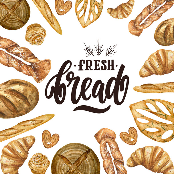 акварель различных видов хлеба и кондитерских изделий с нарисованными от руки словами свежий хлеб - Фото, изображение