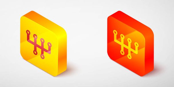 Izometrikus vonal Gear Alakváltó ikon elszigetelt szürke alapon. Adás ikon. Sárga és narancssárga négyzet gomb. Vektor - Vektor, kép