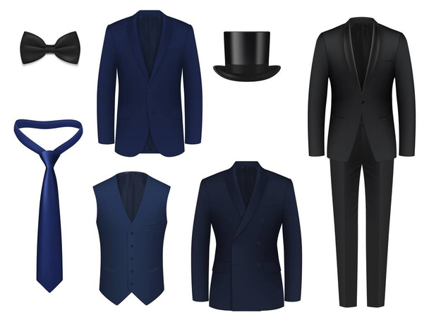 Γάμος ή δείπνο ανδρικό κοστούμι ρεαλιστική μακέτα. Μπλε, μαύρο κλασικό σμόκιν μπουφάν με μονό, δίστηθο σμόκιν, γιακά με σάλι, κορυφή και σάλι πέτο, γιλέκο, παπιγιόν και γραβάτα, top hat 3d vector - Διάνυσμα, εικόνα