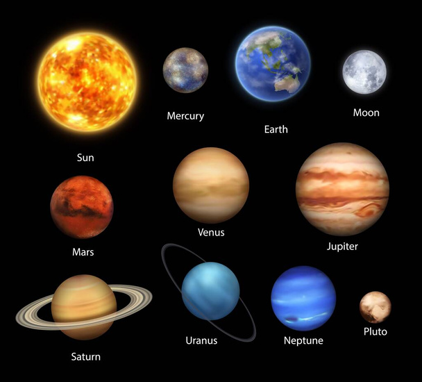 Planety Układu Słonecznego realistyczny zestaw przestrzeni wektorowej, projekt astronomiczny. Wszechświat planety i gwiazdy galaktyki, Ziemia, Słońce, Merkury i Jowisz, Saturn i Uran z pierścieniami, Pluton, Księżyc, Wenus i Neptun - Wektor, obraz