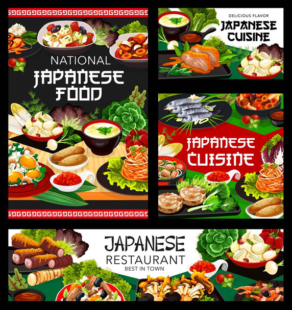 Japońska restauracja, plakaty z jedzeniem w kawiarni. Tłuczone ziemniaki, sushi temari i korzeń łopianu, ryż ginkgo, smażone tofu i sałatka z rzepy, pieczony kurczak z ostrą papryką, nikomi udon i wektor kakigori - Wektor, obraz