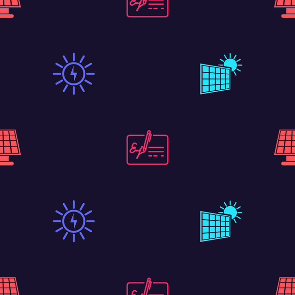 Set Solar energy panel and sun, , Signed document and  on seamless pattern. Vector. - Vector, Image