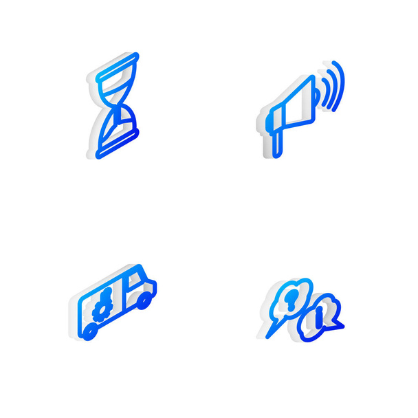 Set Isometric line Megaphone, Hourglass, Car service and Question and Exclamation icon. Vector. - Vector, Image