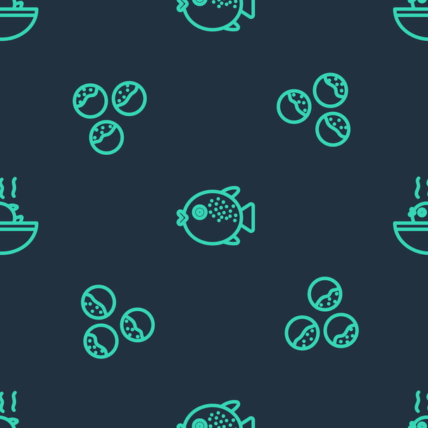 Set mit Kugelfisch, Takoyaki und Suppe auf nahtlosem Muster. Vektor - Vektor, Bild