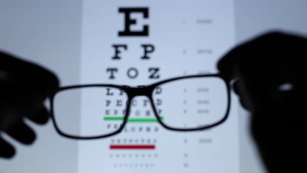 Una persona lleva gafas de visión a sus ojos. Pasar de desenfocado a enfocado. Vista de la vista en primera persona en la tabla de pruebas de visión. - Metraje, vídeo