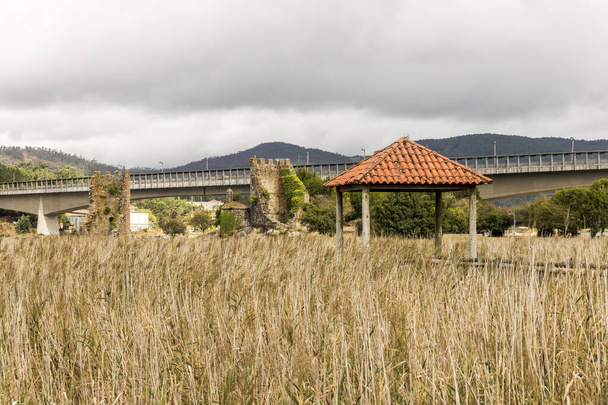 Катойра, Іспанія. Торрес - де - Есте (західні вежі), обгороджений стіною комплекс зруйнованих замків у Галісії, оточений болотами. - Фото, зображення