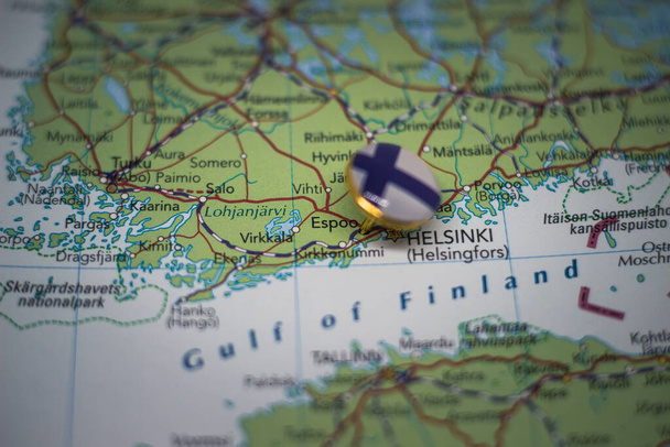 Espoo připíchnutý na mapě s vlajkou Finska - Fotografie, Obrázek