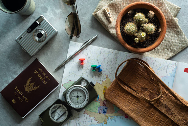 Top view of traveler accessories, Viagem férias viagem fundo conceito - Foto, Imagem
