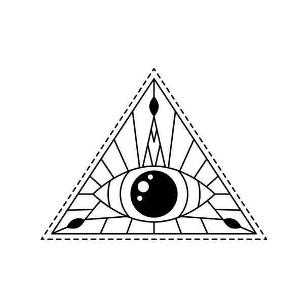 Ilustración vectorial blackwork line art mystic eye tattoo. Vista providencial en triángulo, impresión de amuleto. Línea geométrica del mal místico todos viendo el símbolo del ojo. Geometría sagrada. Signo esotérico blanco y negro - Vector, Imagen