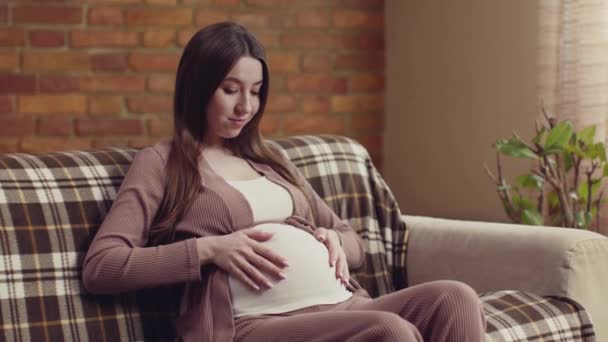 Linda mujer embarazada sentada en el sofá en casa y acariciando su gran vientre, esperando para reunirse con el bebé, cámara lenta - Imágenes, Vídeo