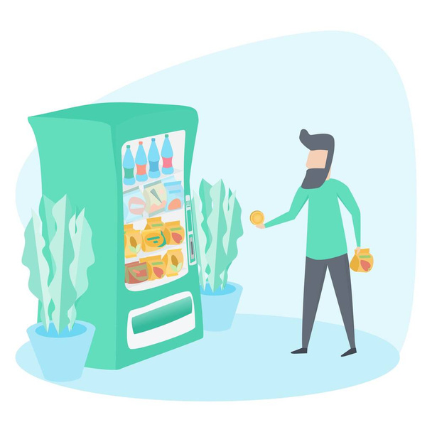 Vending machine with food. The guy pays for the food. Vector illustration. Pays money for products. - Vector, Image