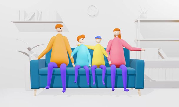 Счастливая семья Двое детей сын с матерью и отцом в гостиной, Семья проводит время вместе, 3D мультфильм - Фото, изображение