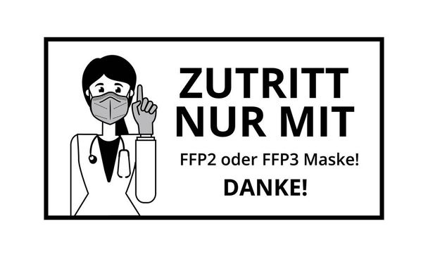 Ärztin mit ffp2-Schutzmaske. Sie ruft mit erhobenem Zeigefinger nach Aufmerksamkeit. - Vektor, Bild