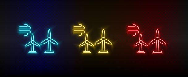 Neon icon set wind, energy, eco. Set of red, blue, yellow neon vector icon - Vetor, Imagem