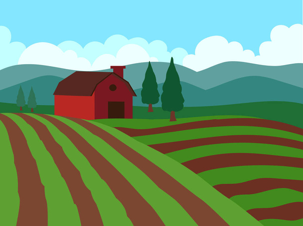 Farmhouse Green Fields Векторні ілюстрації
 - Вектор, зображення