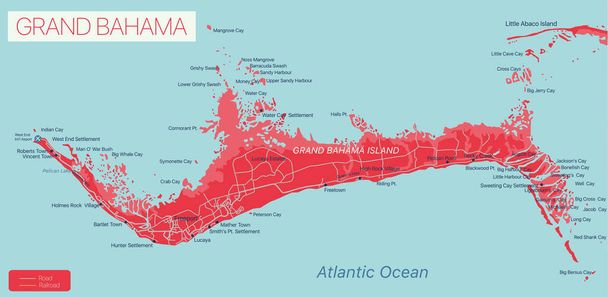 Grand Bahama νησί λεπτομερή επεξεργάσιμο χάρτη - Διάνυσμα, εικόνα