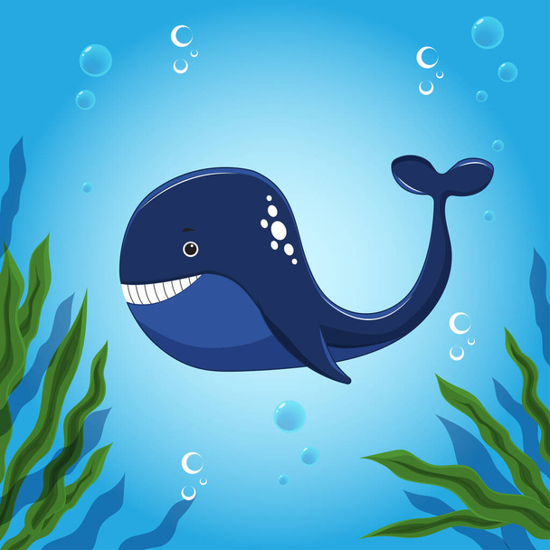 Ilustración del vector de ballena de dibujos animados. Ballena linda bajo el agua para postales, redes sociales. - Vector, Imagen