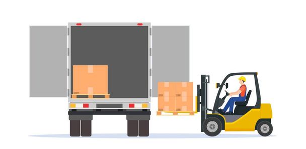 Vysokozdvižný vozík nakládá paletové krabice do nákladního vozu. - Vektor, obrázek