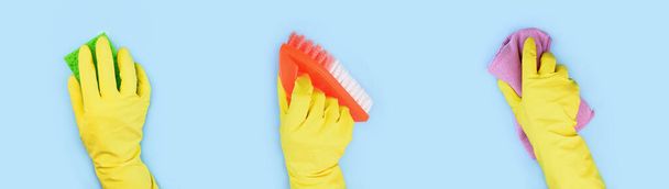 Hands in yellow gloves with cleaning tool banner. - Photo, Image