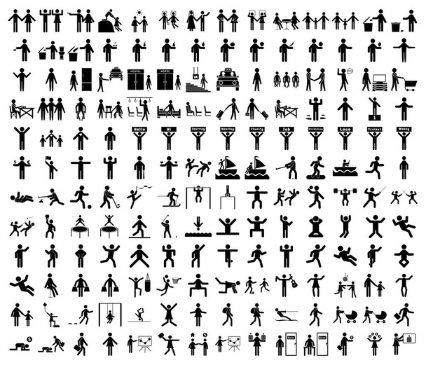 A set of stick figures on the theme of lifestyle, people in a variety of life situations. A set of icons of people in different poses and movements. - Vector, Image