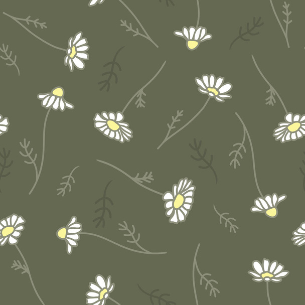 Vettoriale carino camomilla fiori su sfondo modello senza cuciture verde oliva. Perfetto per progetti di tessuto, carta da parati e scrapbooking. - Vettoriali, immagini
